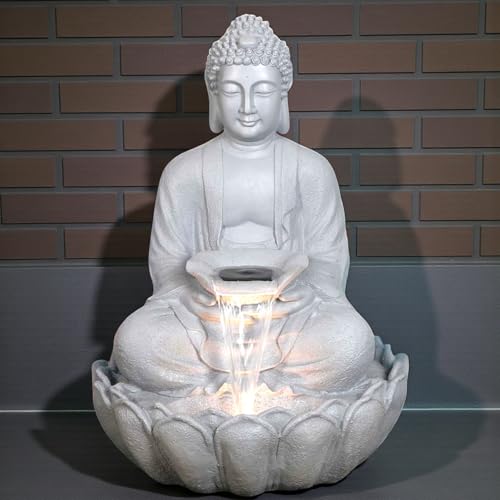 Image of 3 Feet Kamal Buddha Water Fountain for Home & Garden|Fiber Buddha Fountain with LED Light|Indoor Outdoor Fountain for Vastu & Positivity (Grey, 3 Feet Kamal Buddha Fountain)