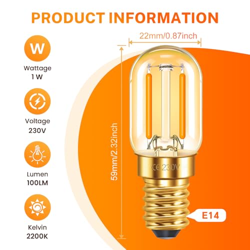 SCNNC T22 E14 LED Light Bulb 1W Warm White 2200K, Amber Glass Mini Tubular E14 LED Filament Vintage Light Bulb - Image 2