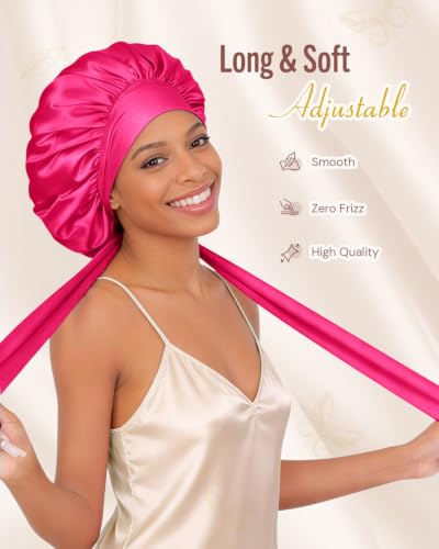 Image of BONNET QUEEN Satin Bonnet Silk Bonnet for Sleeping Hair Bonnet Tie Bonnet for Women with Stretch Band Natural Hair Hot Pink