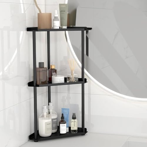 Image of FLE Corner Bathroom Counter Organizer, 3 Tier Corner Shelf Countertop Black | 3 Tier Corner Shelf, Tabletop Mount,Waterproof solid shelf fits bathroom toiletries and kitchen condiment storage.