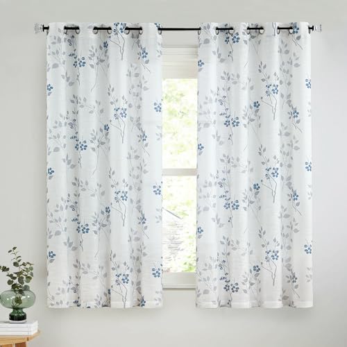 Image of Beauoop Floral Linen Semi Sheer Curtains Living Room Blue Grey 50x54 2 Set