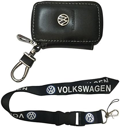 JKR New 1pcs Volkswagen Keychain Lanyard Badge Holder + Volkswagen Black Leather Car Keychain Zipper Case Remote Wallet