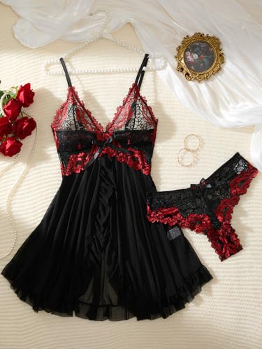 Image of Foxiny Sexy Ruffle Sheer Mesh Lace Wireless Babydoll Lingerie Dress with Thong 2 Piece