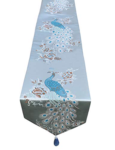 MAGILONA Home Mantel decorativo de lino y algodón bordado, diseño floral con borla, para fiestas de comedor de 33 x 203 cm (azul) Cover