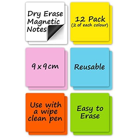 12 Pack - 9x9cm Magnetic Planning Labels in 6 colours for use on Wipe Clean Boards, Fridges etc. Dry Erase Whiteboard Magnetic Tiles for Office, Classroom or Home - Easy to Clean & Reuse Cover