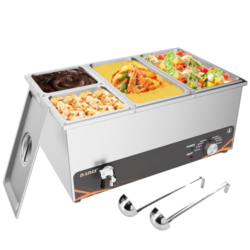 DULNICE Comercial Baño María Eléctrica 1500W Calentador de Comida Eléctrico Baño Maria Hosteleria de Acero Inoxidable con 4 Bandejas de Acero Inoxidable con 2 Cucharas,Ajuste de Temperatura 30-85°C