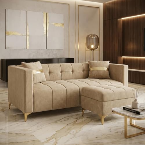 Image of FURNY Styliving 4 Seater L Shape Sofa Set with Movable Ottoman & Golden Legs | Flexible Left or Right Layout | Plush Velvet Fabric (Beige) | Perfect for Living Room, Guest Room & Office