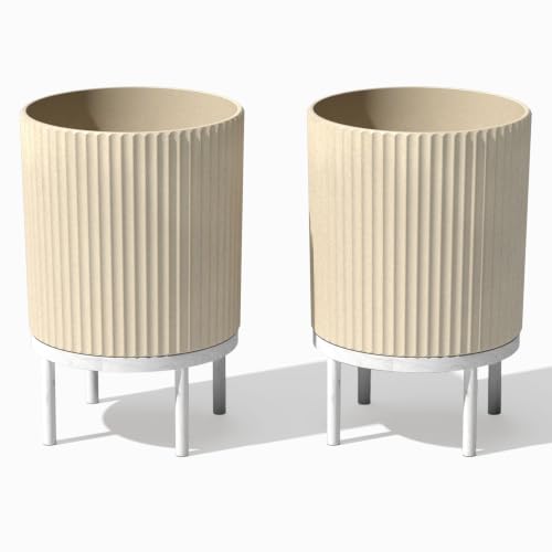 Image of Veradek Demi Series Raised Planter - Round Planter with Stand | Made From a Durable Plastic-Stone Composite & Comes With Wooden Stand. Modern Porch /Patio Decor