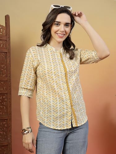 Image of Women's Black Printed Cotton Kurti Top | Stylish Ethnic Wear Kurta for Office, Casual 3 /4 Sleeve Button Front Tunic