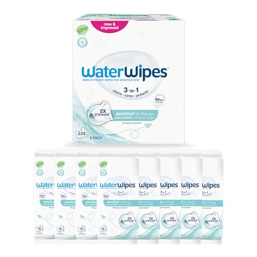 WaterWipes Sensitive+ On The Go Wipes, Toallitas Para Ilevar, 224 unidades (paquete de 8), 3 en 1 Limpia, Cuida, Protege, 99,9% Agua, Toallitas húmedas sin perfume