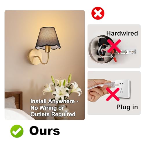 Image of ADISUN Battery Operated Wall Sconce Set of 2, Gold Wall Lamps Rechargeable Bulbs for Living Room, Black Rattan Shade, Wireless Wall Lights for Bedroom Living Room Hallway Kitchen(2 Bulbs Included)