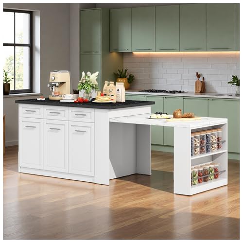 Wyibwy Isola cucina multifunzionale 150+96x90x90 cm,con tavolo da pranzo allungabile,piano di lavoro in legno effetto marmo bianco e nero e armadietti integrati,mobili da cucina.