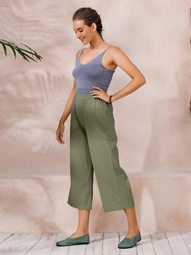 Image of ECUPPER Womens Cotton Cropped Pants Loose Fit Wide Leg Trousers | Casual, Plus Size, Elastic Waist, Capri, 100% Cotton, Slant Pockets, High Rise Waist, Lounge Pants