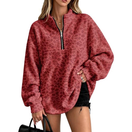 Jielayou Half Zip Pullover Women Leopard Flannel Comfortable Pullover Tops - image 1