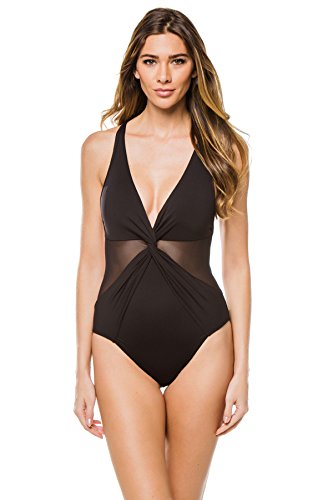 MICHAEL Michael Kors Layered Illusion V-Neck One-Piece Swimsuit w/Mesh Insert & Removable Soft Cups Black 14 MICHAEL Michael Kors Layered Illusion V-Neck One-Piece Swimsuit w/Mesh Insert & Removable Soft Cups Black 14