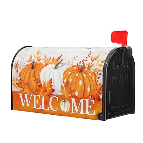 Image of Welcome Autumn Orange Pumpkin Mailbox Cover - Magnetic Fallen Leaves Standard Size 18 X 21 - Fall Holiday Wrap Post Letter Box Decorative for Home Outdoor Garden