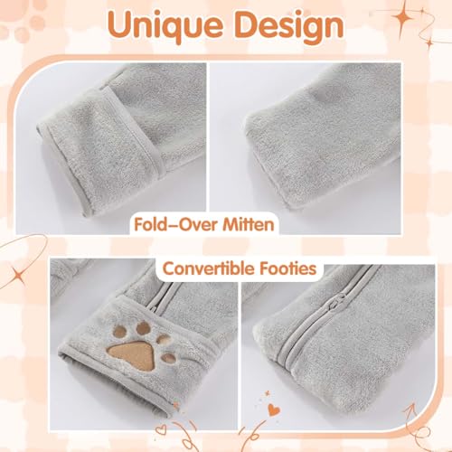 Image of Fairy Baby Newborn Baby Bear Outfit With Fold-Over Mittens Footies Thin Fleece Romper Hooded Jumpsuit Winter Coat Girls Boys