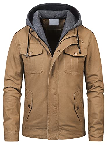 Pursky Men's Winter Casual Washed Cotton Hooded Multi-Pocket Fall Jacket Outwear Cargo Coat Khaki M #TOP24