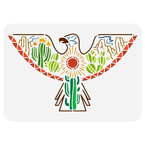 FINGERINSPIRE Aztec Eagle Stencil for Painting 21x29.7cm Flying Eagle Painting Stencil Sun Mountain Cactus Drawing Template Animal Theme Stencil for Painting on Wood Fabric Canvas Clothing