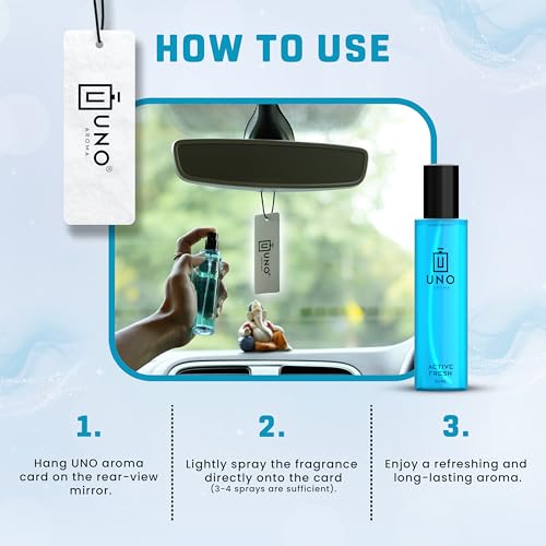 Image of Uno Aroma Active Fresh Car Perfume - Alcohol-Free, Long-Lasting Car Fragrance, Removes Odours, Toxin-Free & Easy to Use Hanging Card, No-Gas Car Perfume with 200+ Sprays, Lasts up to 90 days (30mlx2)