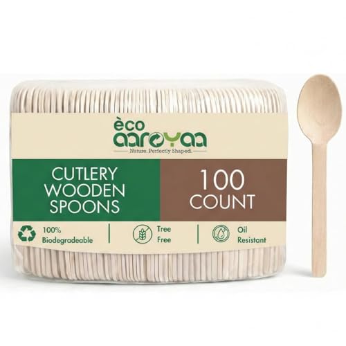 Image of Eco Aaroyaa Wooden Spoons - Disposable Eco-Friendly Wooden Spoon - Natural Wood, Smooth Splinter-Free Finish, Strong & Lightweight Disposable Spoon (165 mm, Pack of 100)
