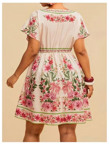 Image of Floerns Women's Plus Size Summer Vacation Wrap V Neck Short Sleeve Ruffle Hem A Line Hawaiian Short Dress