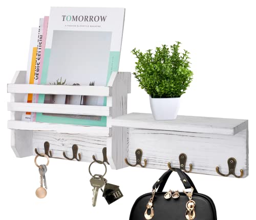 Fine Living Key Holder for Wall Decorative, 2 Pcs Wood Key Mail Holer with 6 Vintage Key Hooks, 2-in-1 Rustic Key Rack for Dog Leash, Mail Organizer with Shelf for Entryway Office