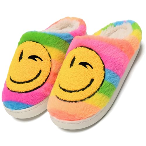 Image of Smile Face Slippers for Women and Men, Retro Comfy Warm Soft Fuzzy Plush Slip-On House Shoes Funny Cute Happy Smile Home Winter Warmies Pillow Cloud Memory Foam Fluffy Slipper for Indoor & Outdoor