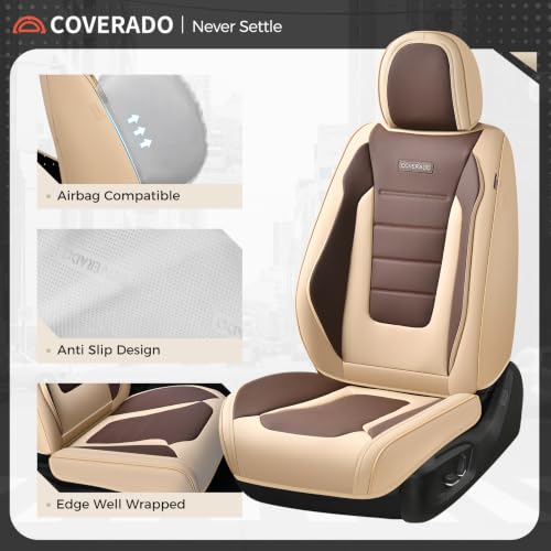 Image of Coverado Car Seat Covers Full Set, Nappa Leather Seat Covers for Cars, Car Seat Protector Car Seat Cushion, Front and Back Seat Protectors Cushions Universal Fit for Most Cars Vehicles(Beige&Coffee)