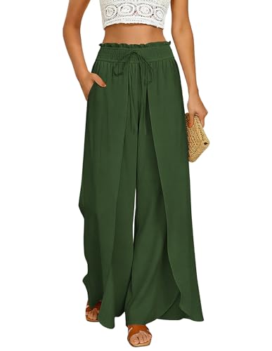 Image of GRACE KARIN Womens Wide Leg Summer Pants Flowy Side Split Palazzo Beach Pants Boho Drawstring High Waisted Trousers Olive Green M