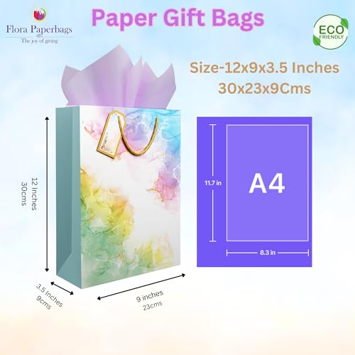 Image of Flora Paperbags Medium Paper Gift Bags with Tissue & Tags | Wedding Return Gift Bags, Birthday, Party Favor Bags (Pack of 5)