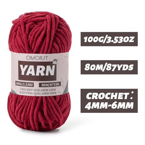 Image of Burgundy Fluffy Chenille Yarn for Crocheting - Baby Yarn for Crocheting Soft Blanket - (100g /87.4yds) Crochet Amigurumi Chunky Yarns - Super Bulky 5 Velvet Yarns