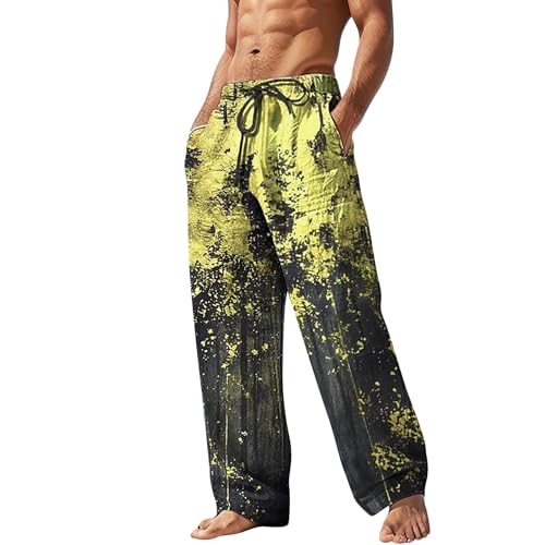 Generic Mens Linen Beach Pants Big and Tall Casual Lounge Drawstring Vacation Print Pants with Pockets Lightweight Trousers