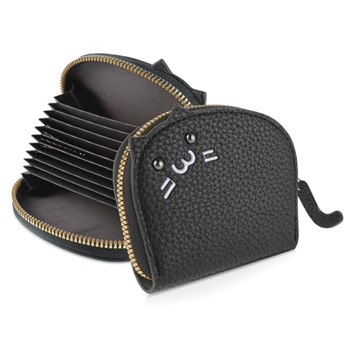 Women Cute Cat Coin Purse, Mini Zipper Credit Card Cases Leather Small Wallet Key Holder Change Pouch(Black)