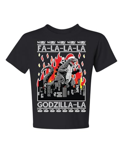wild custom apparel Godzilla la Fa la la Kids Boys Girls Funny Ugly Christmas Sweater SweatshirtT-shirts, Black, X-Small