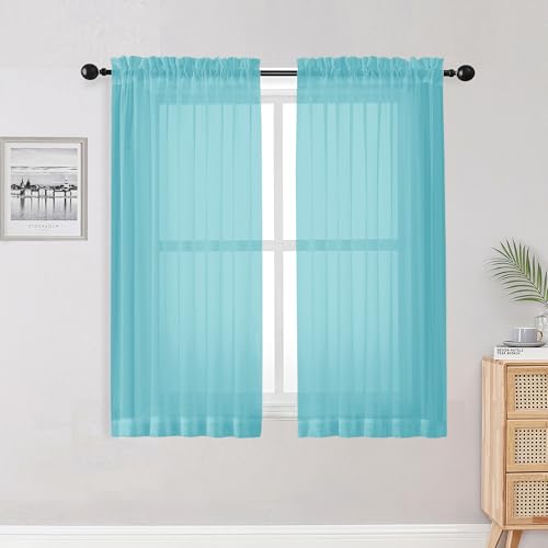 Image of OWENIE Aqua Sheer Curtains for Bedroom Living Room 54 Inch Length 2 Panels Set, Soft Solid Light Filtering Sheer Short Curtains for Small Window, 2 Pcs Total 84 Width 54 Long, Aqua