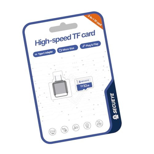 JOYNANO SECUEYE - Tarjeta de memoria TF de 32 GB con adaptador tipo C Clase 10 FAT32 de alta velocidad de lectura/escritura 24/7 para cámara de seguridad, cámara de salpicadero y más (32 GB + lector