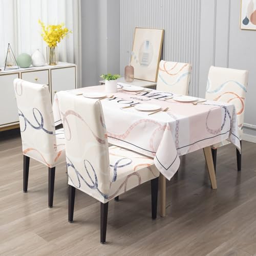 Image of Styleys Dining Table Cover Waterproof with for Kitchen Dining Table Cloth Dust and Oil Repellent (140x220, 1 Table Cover Only, Beige Ribbons, CTSD3187)