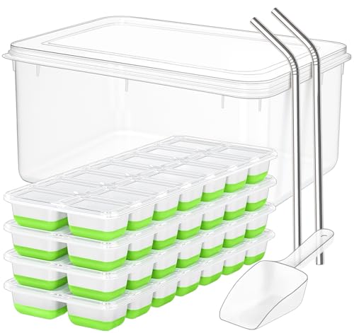 Image of 56pcs Ice Cube Tray with Lid and Bin – Stackable 4 Trays Silicone Plastic Freezer Mold, Large Ice Bucket with Scoop & 2 Stainless Steel Straws – Easy Release Ice Maker for Cocktail, Coffee, RV