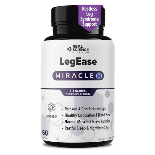 Real Science LegEase Miracle All Natural Restless Legs Syndrome Relief & Leg Cramp Supplement with Vitamins C D K B6 B12 + Nitric Oxide Support Sleep & Circulation Aid Made in USA 60 Caps