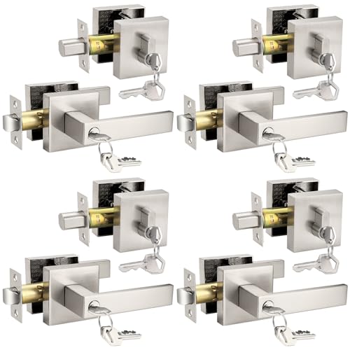 Probrico Square Keyed Entry Levers and Single Cylinder Deadbolts Combo Pack, Satin Nickel Heavy Duty...