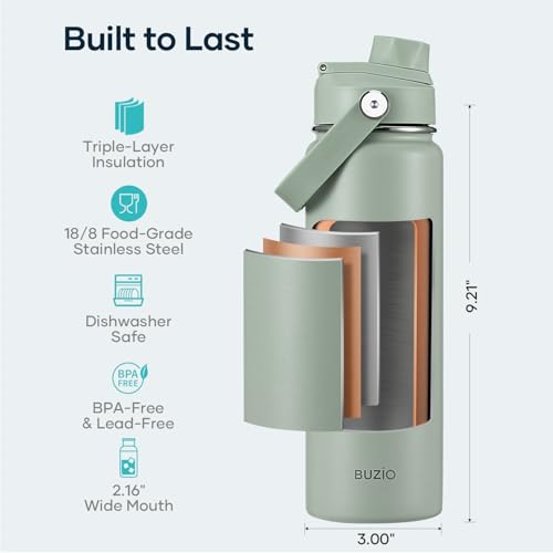 Image of BUZIO 24 oz Insulated Stainless Steel Water Bottle with Straw & Spout Lids