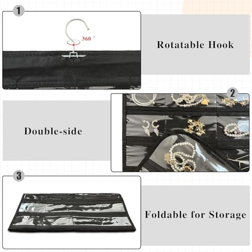 Image of Earring Organizer for Women | Hanging Jewellery Organiser with 48 Double-Sided Transparent Pockets | Earrings Holder, Necklace, Bangle Organizer | Jewelry Storage Organizer for Wardrobe Closet (Black)