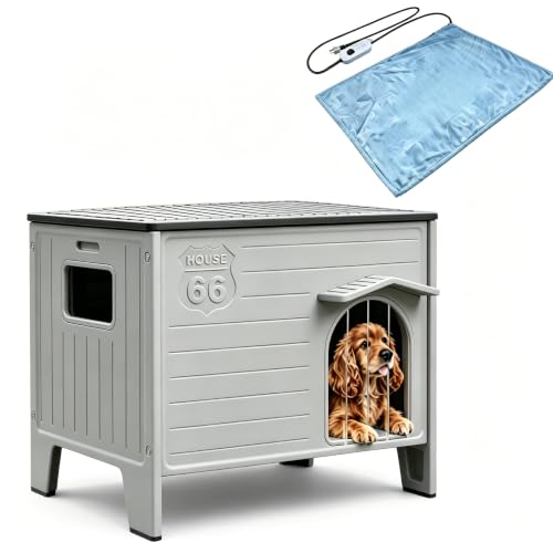 Weatherproof Outdoor Dog House with Heating Mat 26.7 D * 26.7 W * 21.4 H Plastic Insulated Dog House with Elevated Leg Easy Assemble Expansive Interior