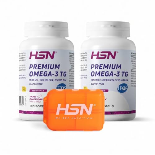 HSN Premium Omega-3 TG IFOS™ 1000 mg - Pack 2x 120 Perlas + Pastillero | Aceite de Pescado Omega-3. 500mg EPA, 250mg DHA. Forma natural de triglicéridos. Libre de metales pesados