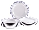 Handgestempeltes maritimes Tellerservice besteht aus Esstellern blauweiß 6 Stück Suppentellern 25 cm 6 Stück Speisetellern 28 cm runden Tellerand in blau.
