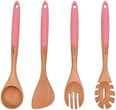 BOBZYXL 4-Piece Wooden Cooking Utensils Set - Wooden Spoons and Spatula - Wooden Spoons for Cooking with Pink Silicone Handles