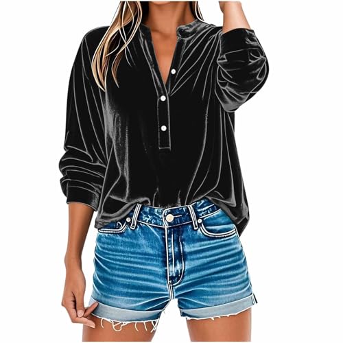 Camisas Mujer Manga Larga,Talla Grande Camisa Mujer de Cuello V con Botones Blusa Ligero de Terciopelo Dorado Otoño Invierno Casual Color Sólido Cómodo Sueltos Pullover Tops Basic Shirt 2025