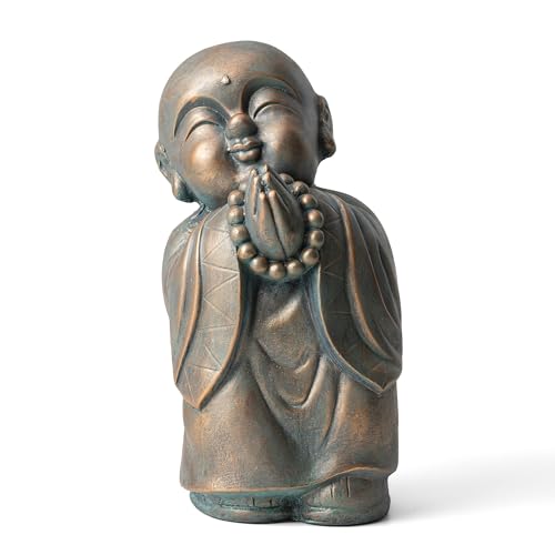 Glitzhome MGO Faux Bronze Little Buddha Monk Garden Staue Indoor and Outdoor Sculpture Decoration, 16.5' H