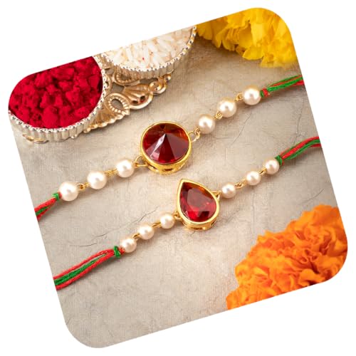 Image of Peora Rakhshabandhan Thread Rakhi for Brother Bhaiya | Kundan Beads & Crystal Studded | Combo Set of 2 | Rakhi Hamper Roli Chawal & Greeting Card